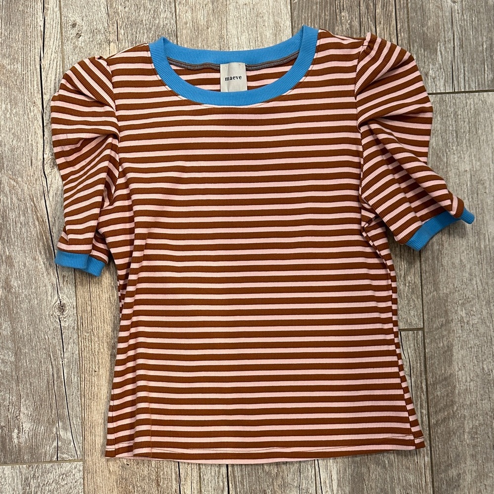 Mauve Brown and Blue Striped Short Sleeve Tee NWOT